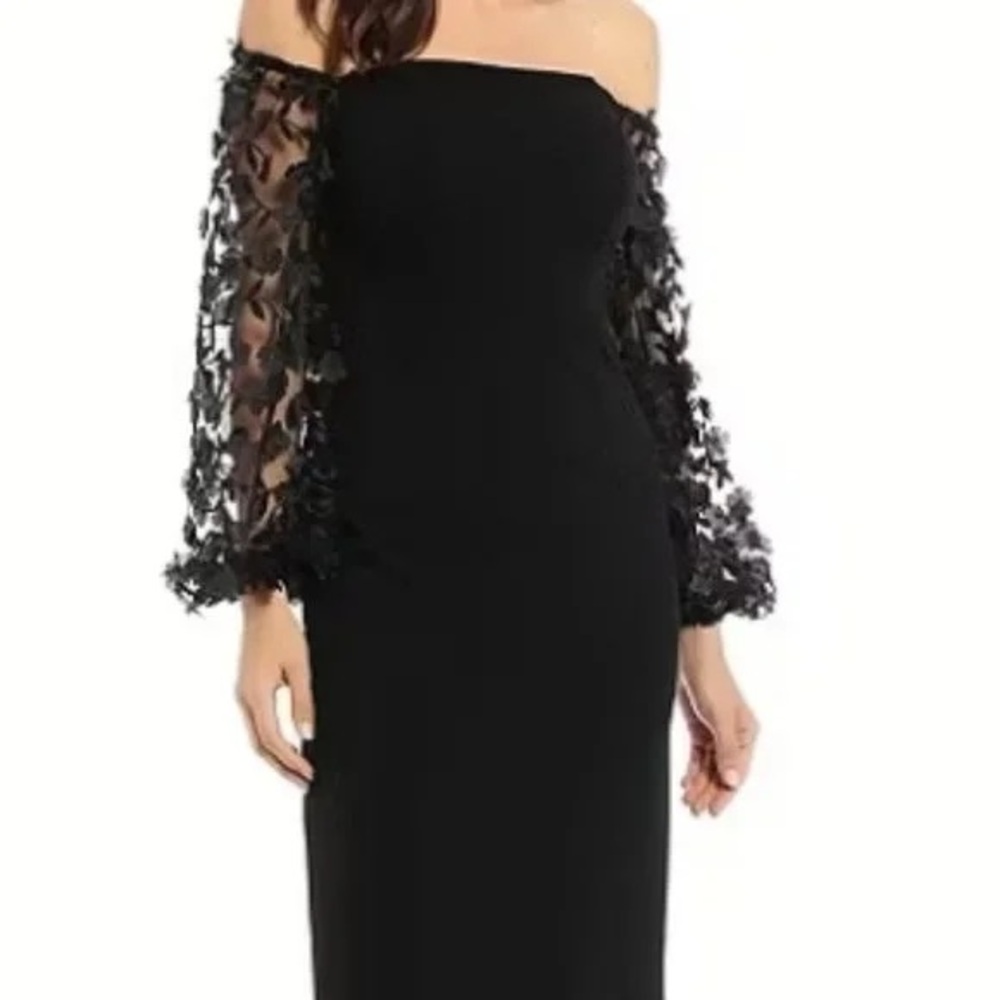 Eliza J Black Off-Shoulder Floral Sleeve Evening Gown